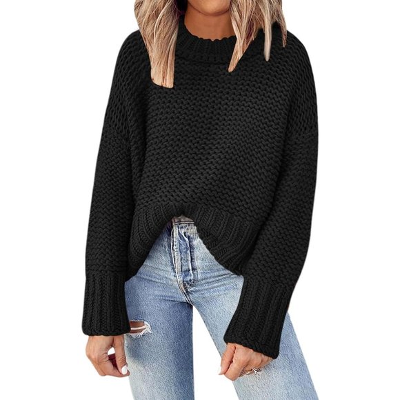 Women's Crewneck Chunky Knit Batwing Long Sleeve Loose  Pullover Sweaters Tops - Picture 1 of 6